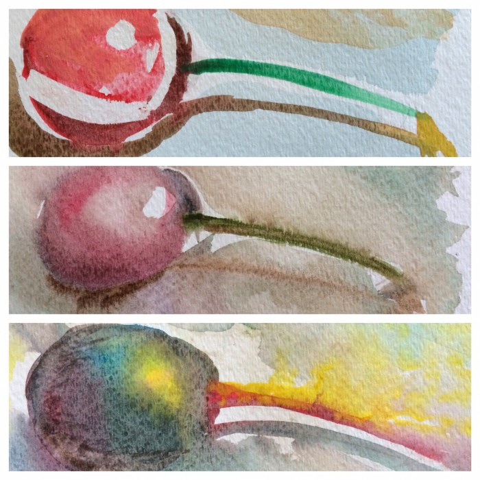 My favorite of the day. Detail of three versions. One "dry on dry" with white masking. One "wet on wet" with muted colors. One wet on wet with atypical colors. I almost decided not to paint this image at all, thinking it was too simple. 