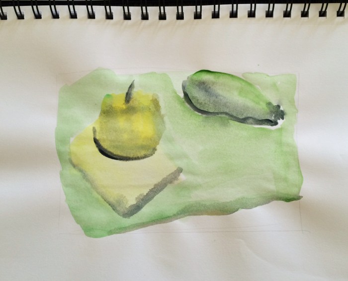 We had 30 seconds to do a "watercolor sketch" of this monochromatic still life. A basic starting point that will mature in later versions.