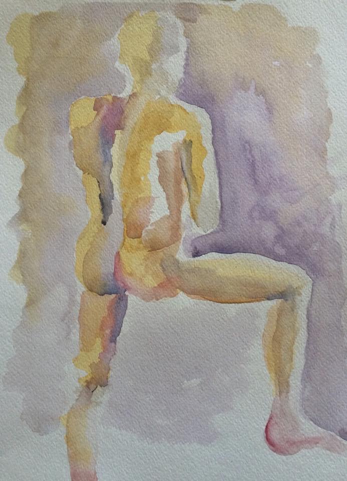 Male nude - before adding pen & ink outlines.  I loved the non-traditional complementary color palette and the abstract quality.