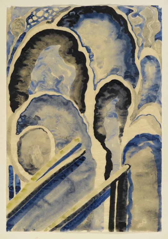 "Blue #1" by Georgia O'Keeffe (1887–1986). Watercolor and graphite on paper, circa 1916 (15.9 × 10.9 in). Current location Brooklyn Museum - American Art collection.